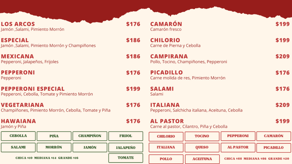 Menú de pizzas Pizzería Los Arcos Chihuahua