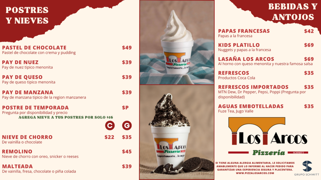 Menú de postres Pizzería Los Arcos Chihuahua