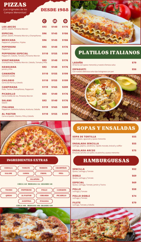 Menú de pizzas Pizzería Los Arcos Corredor Comercial